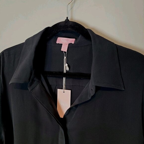 Numi The Simone Top Washable Silk Collared Black Minimalist Office New Old Money - Picture 3 of 11